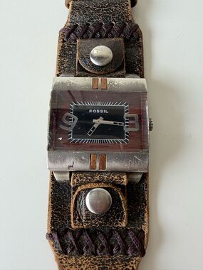 Fossil Brown Leather Band Silver Tone Rectangular Men's Watch JR9590
